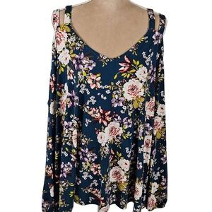 Torrid Womens Plus Size 4X Cold Shoulder Deep V  Multicolor Blue Floral‎ Top